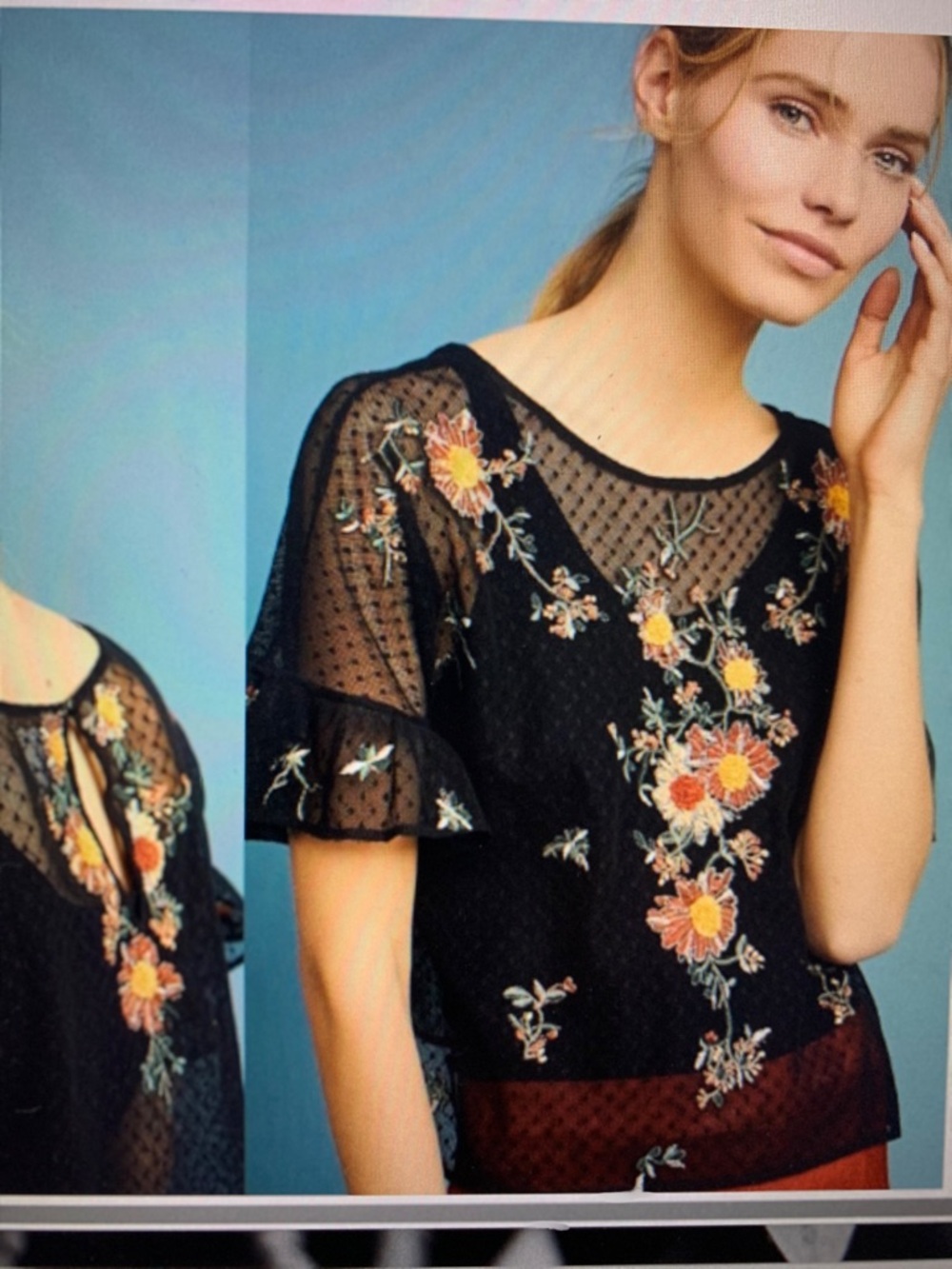 Maeve x Anthropologie Black Cadiz Sheer Blouse with Orange Floral Embroidery - Picture 10 of 11